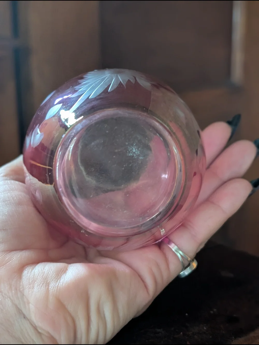 Vintage Pink Iridescent Glass Vase with Etched Floral Design Ruffle Cranberry